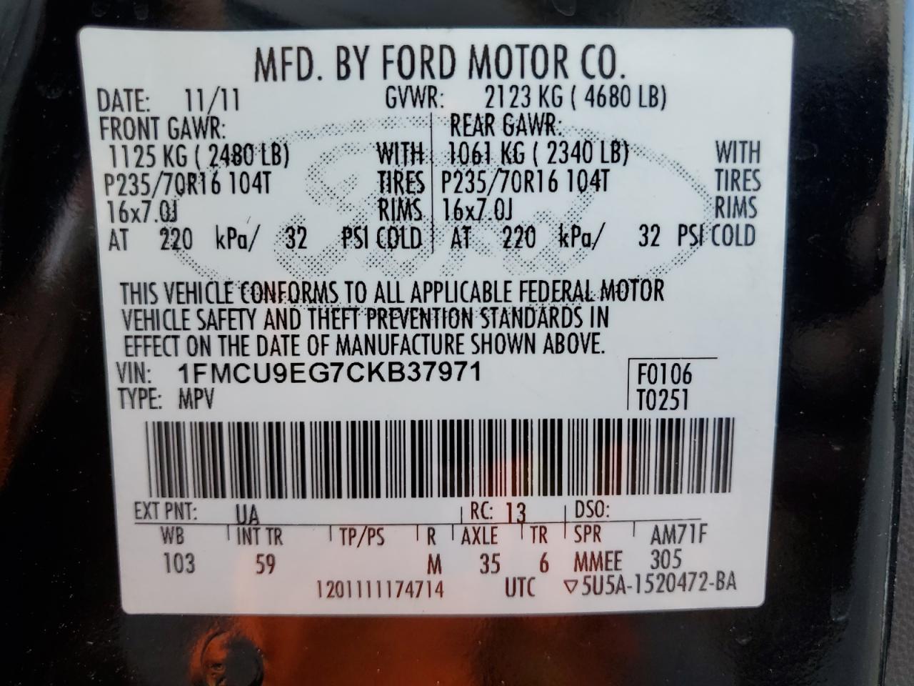 1FMCU9EG7CKB37971 2012 Ford Escape Limited