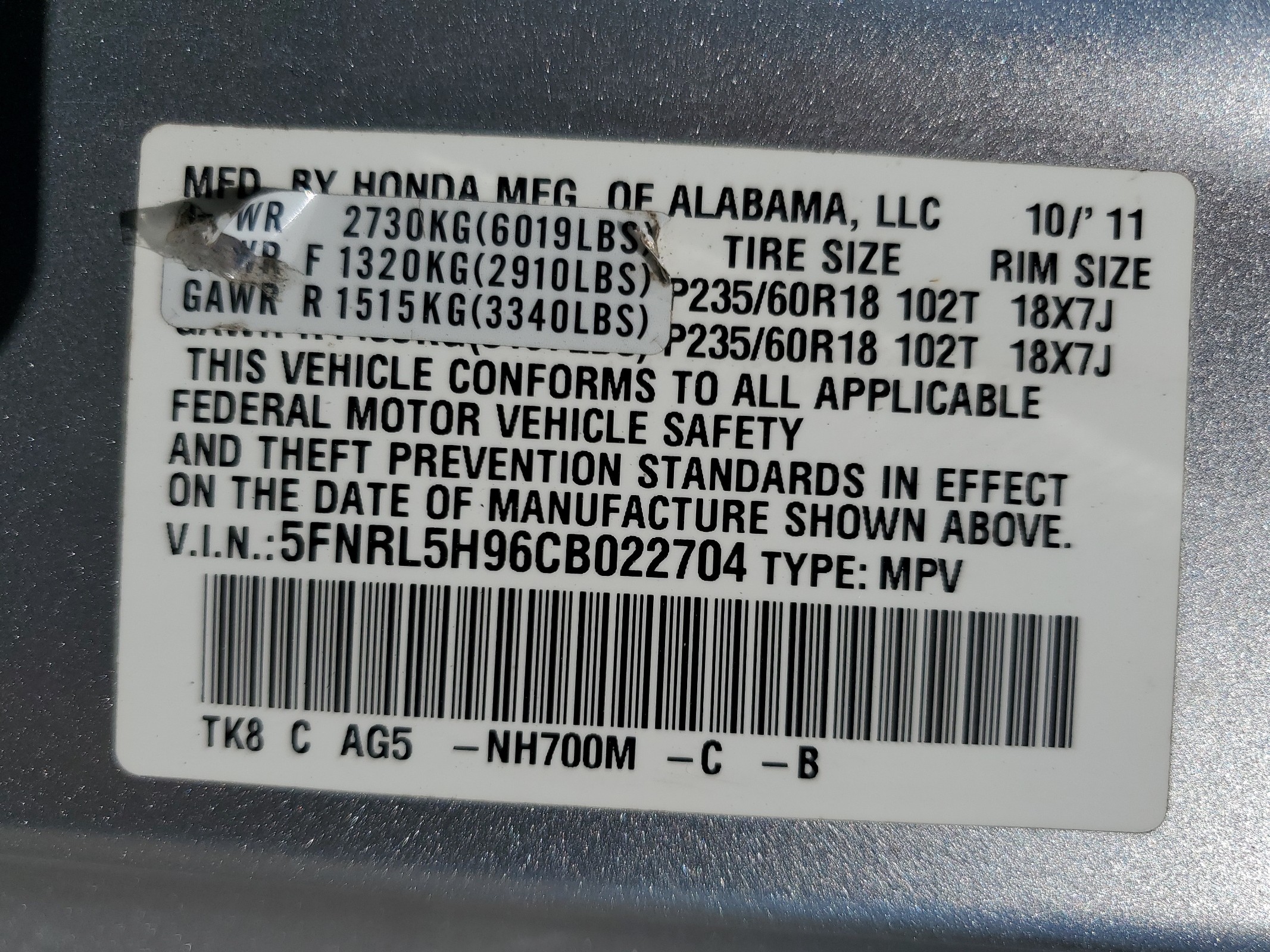 5FNRL5H96CB022704 2012 Honda Odyssey Touring