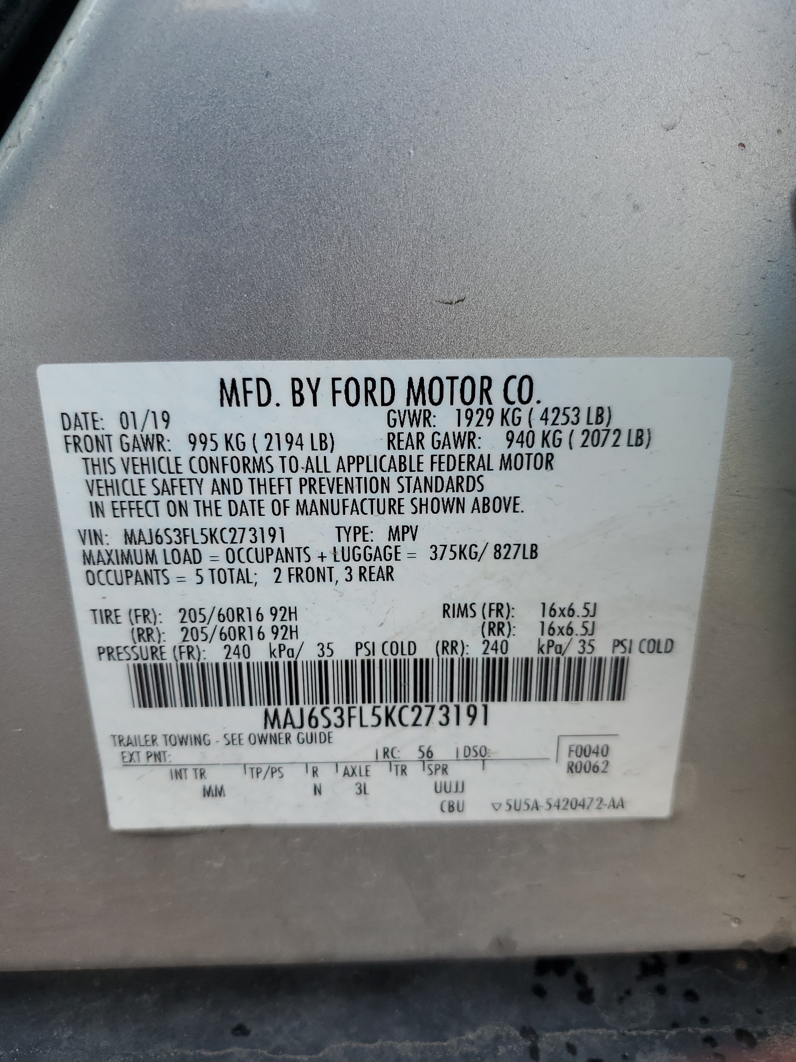 MAJ6S3FL5KC273191 2019 Ford Ecosport S