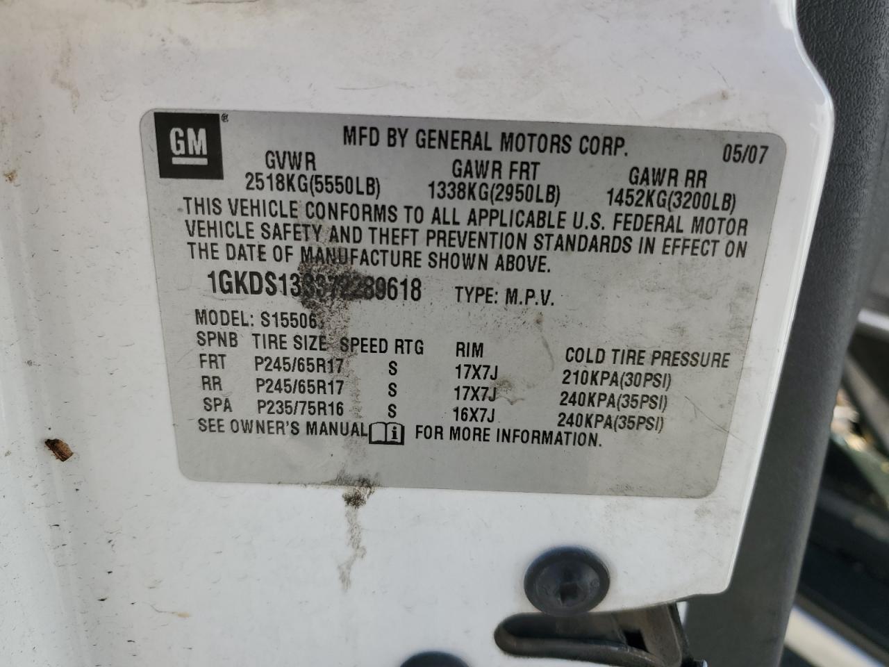 2007 GMC Envoy VIN: 1GKDS13S372289618 Lot: 55844024