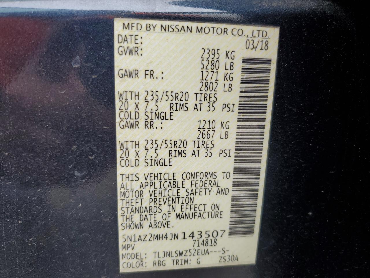 2018 Nissan Murano S VIN: 5N1AZ2MH4JN143507 Lot: 56485474