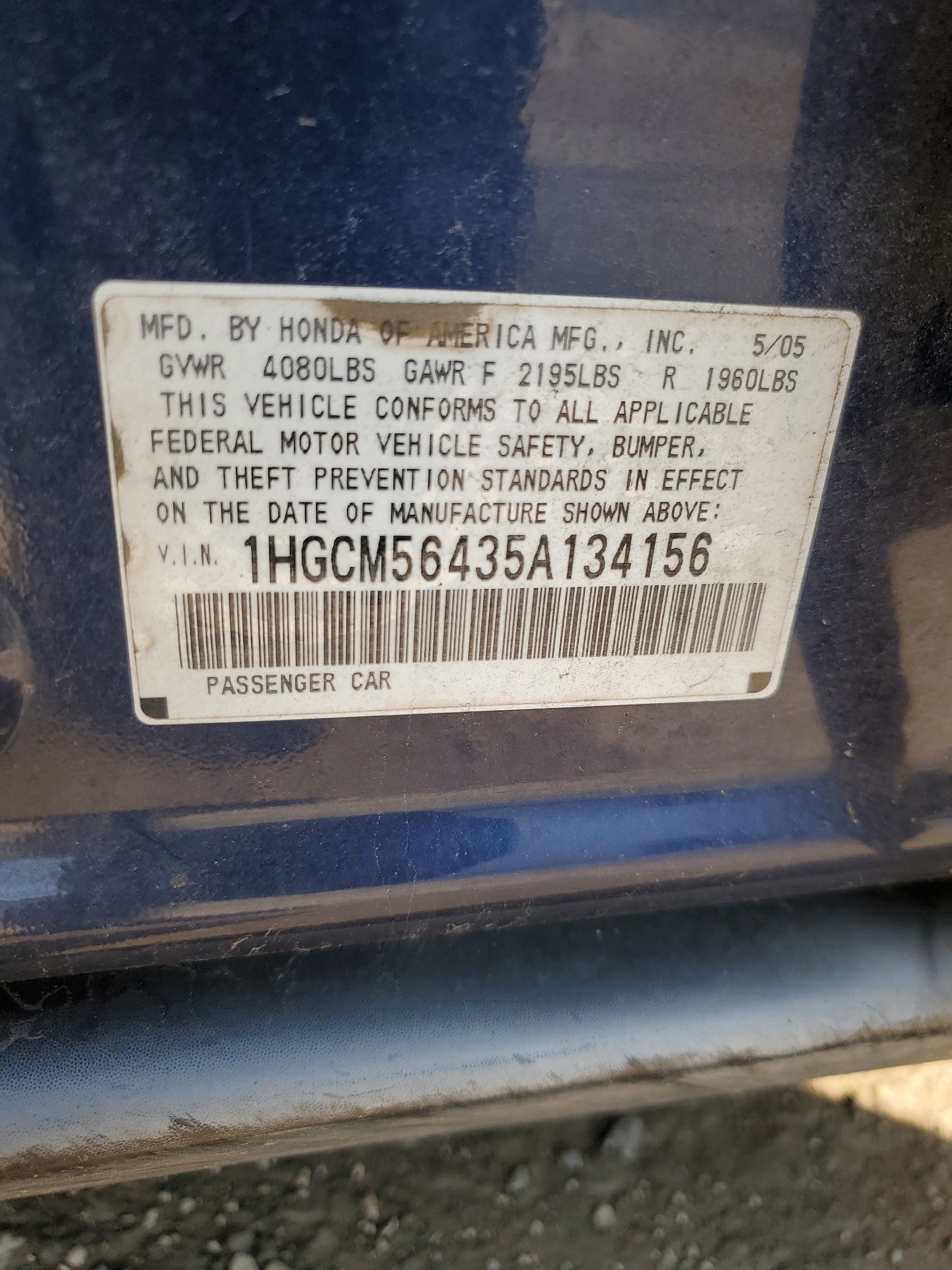 1HGCM56435A134156 2005 Honda Accord Lx