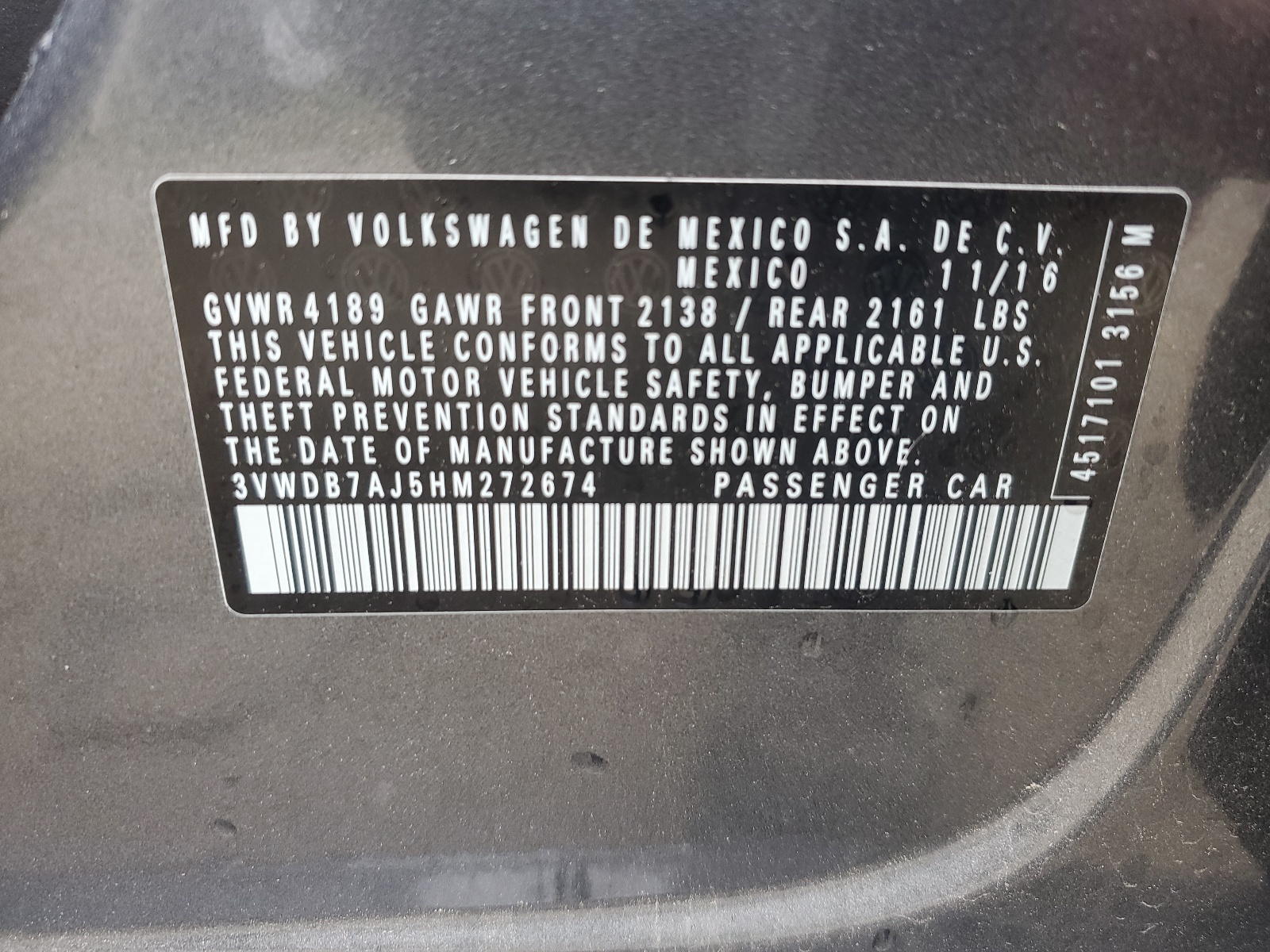 3VWDB7AJ5HM272674 2017 Volkswagen Jetta Se