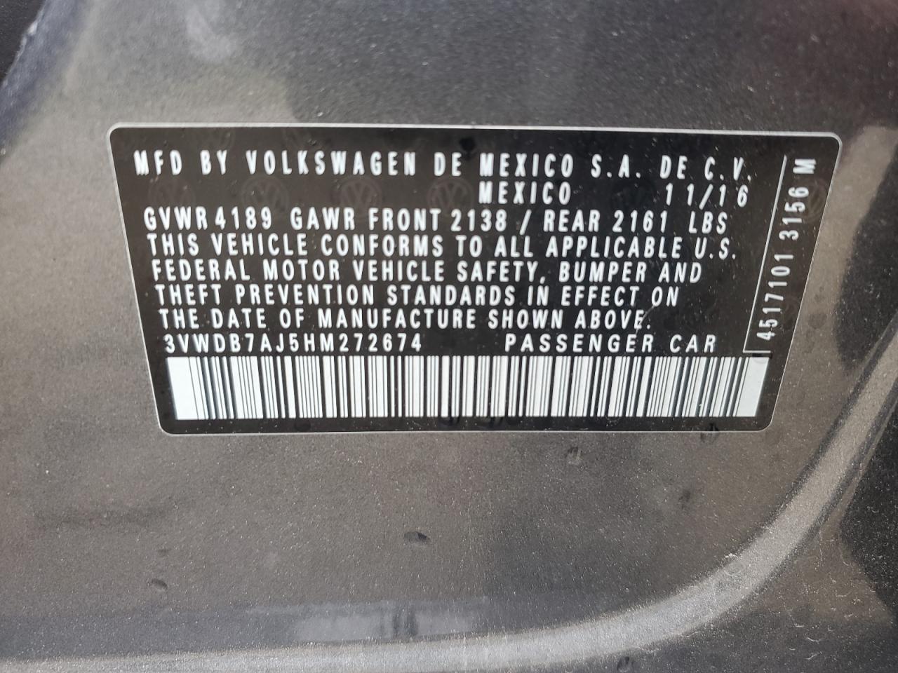 2017 Volkswagen Jetta Se VIN: 3VWDB7AJ5HM272674 Lot: 54450584