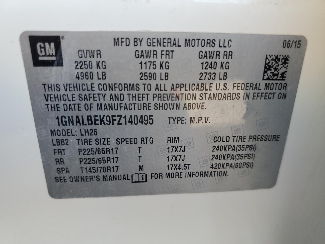 1GNALBEK9FZ140495 2015 Chevrolet Equinox Lt