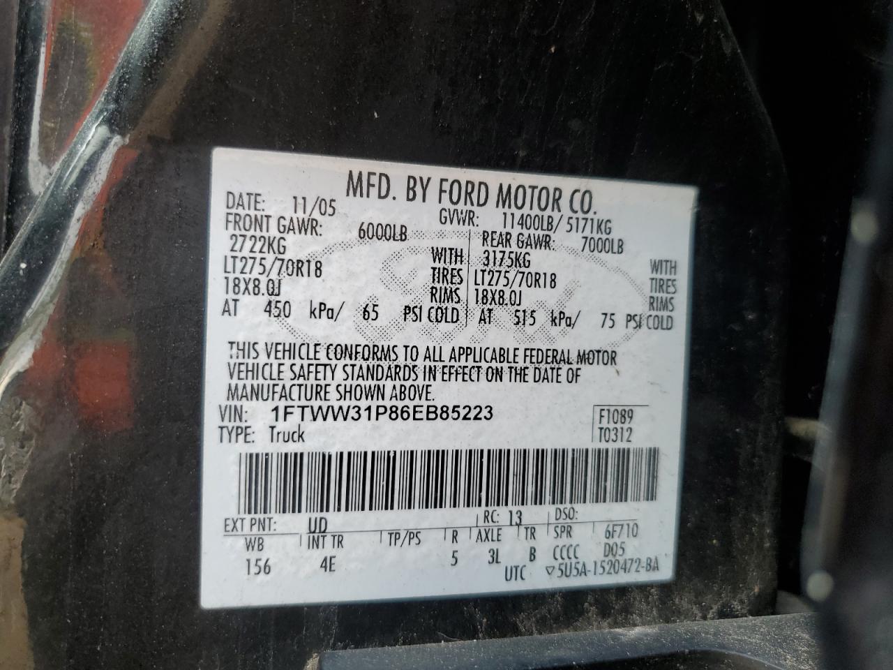 2006 Ford F350 Srw Super Duty VIN: 1FTWW31P86EB85223 Lot: 54269754