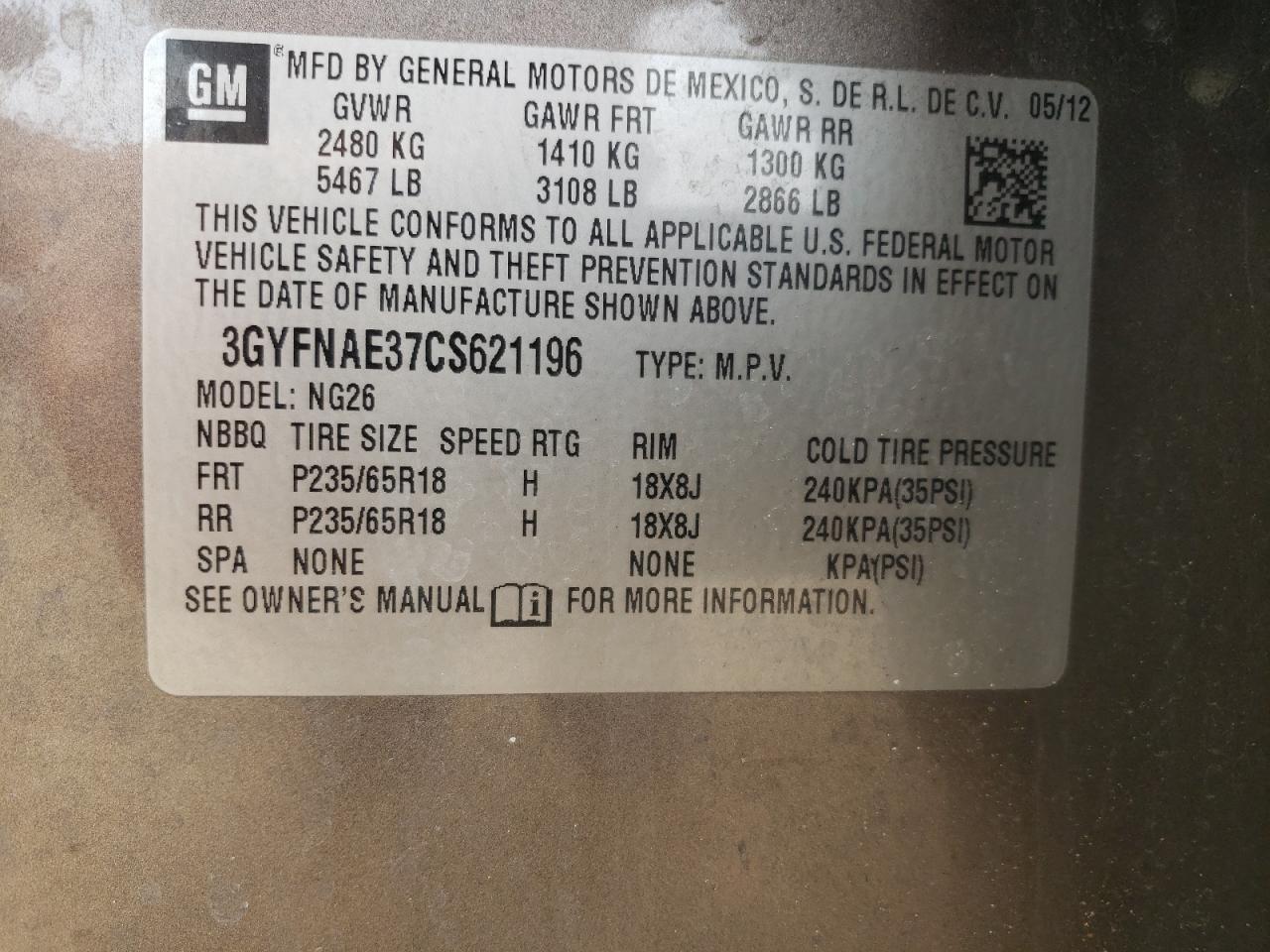 2012 Cadillac Srx Luxury Collection VIN: 3GYFNAE37CS621196 Lot: 55227834