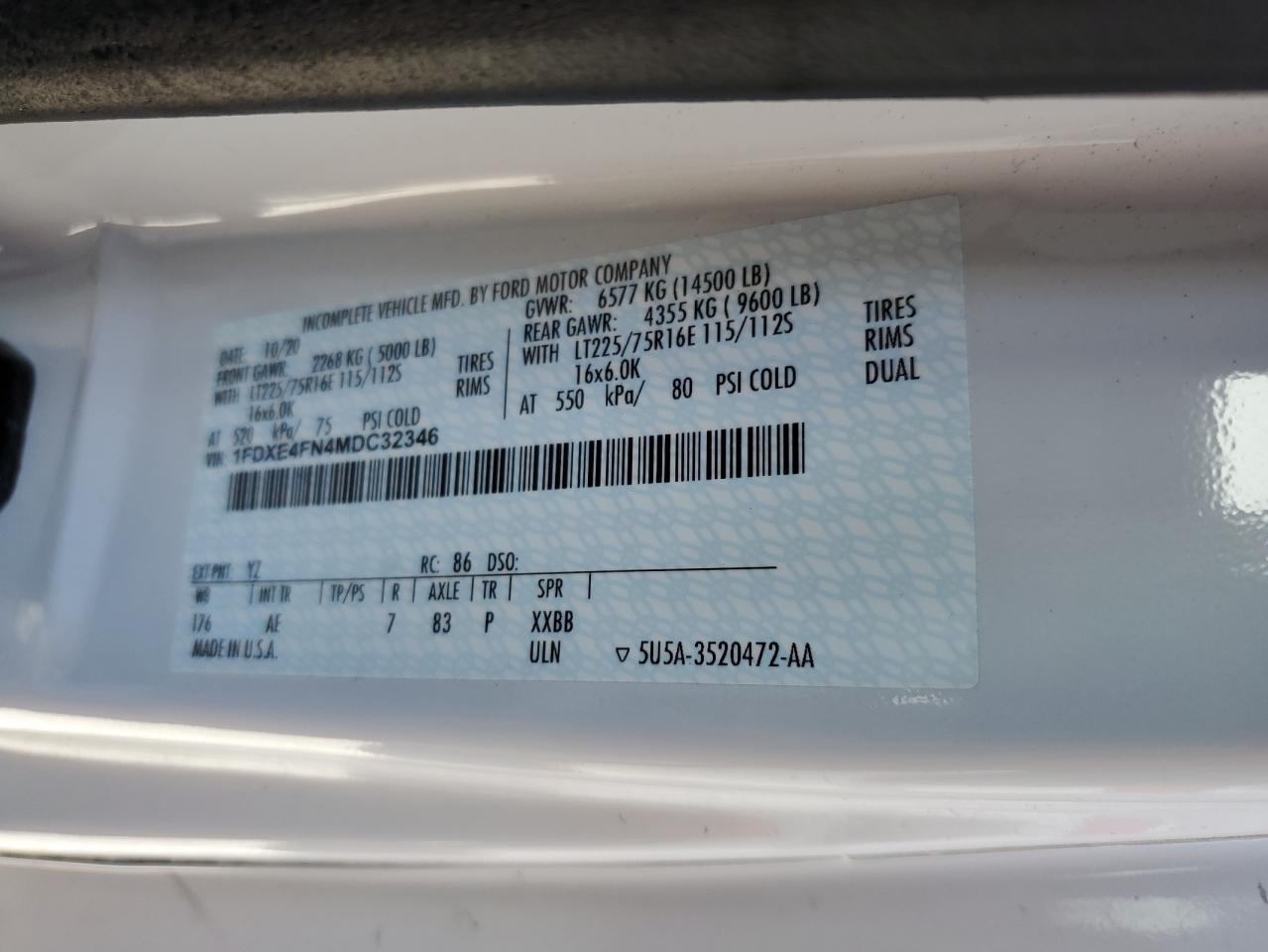 2021 Ford Econoline E450 Super Duty Cutaway Van VIN: 1FDXE4FN4MDC32346 Lot: 55638494