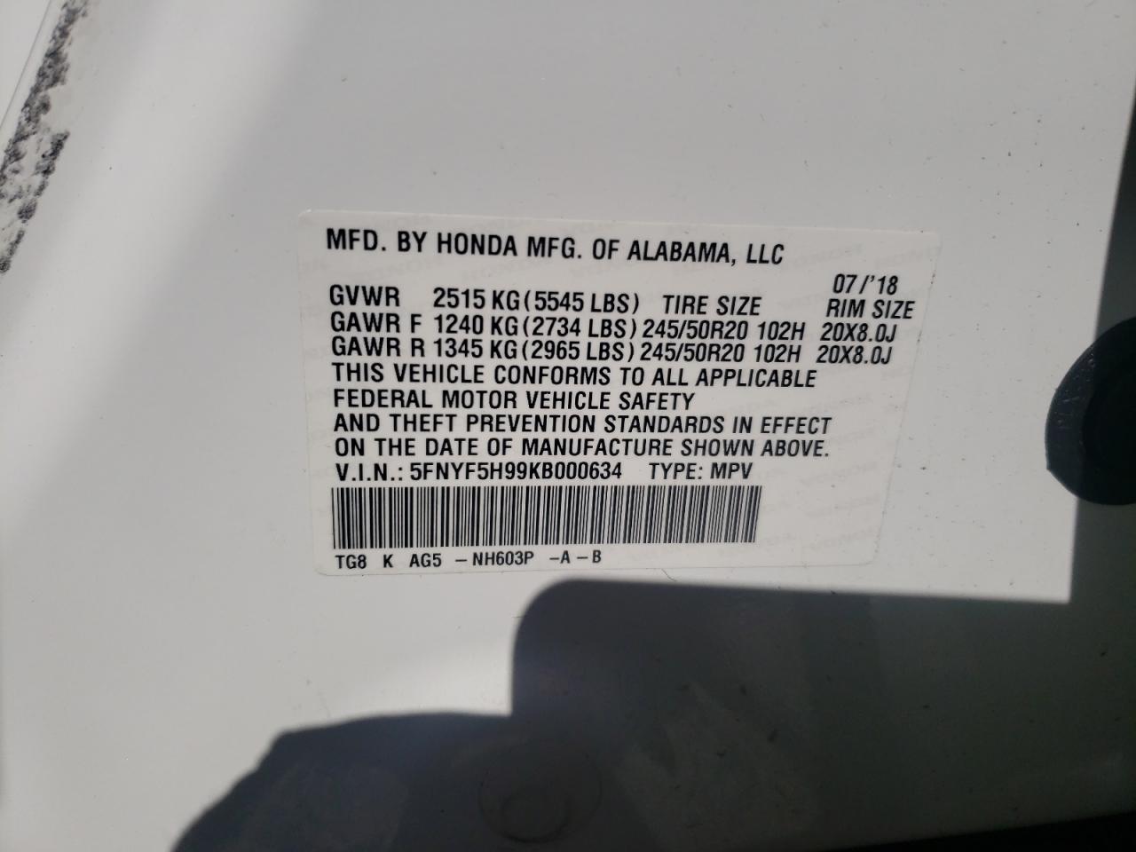 2019 Honda Pilot Touring VIN: 5FNYF5H99KB000634 Lot: 53131884