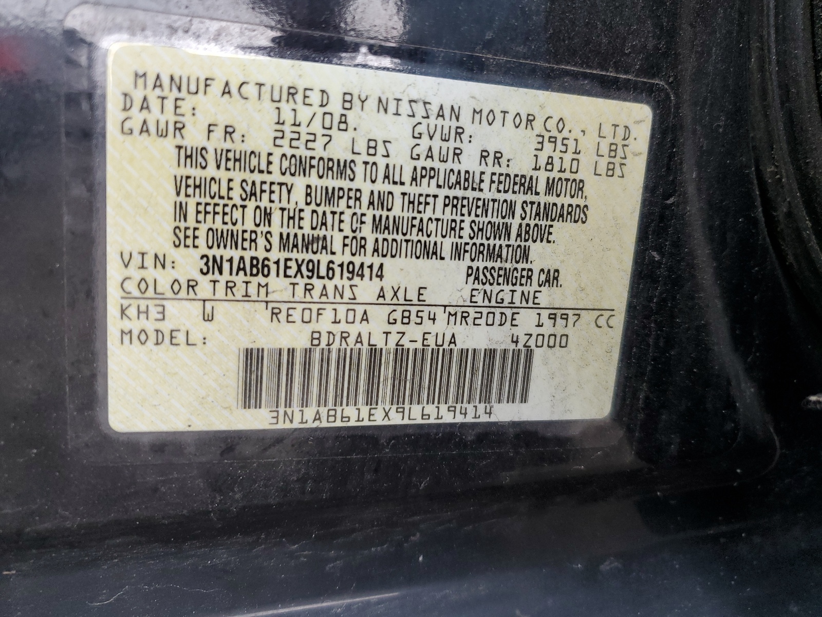 3N1AB61EX9L619414 2009 Nissan Sentra 2.0