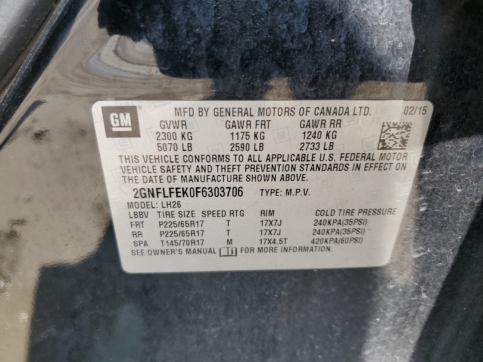 2GNFLFEK0F6303706 2015 Chevrolet Equinox Lt