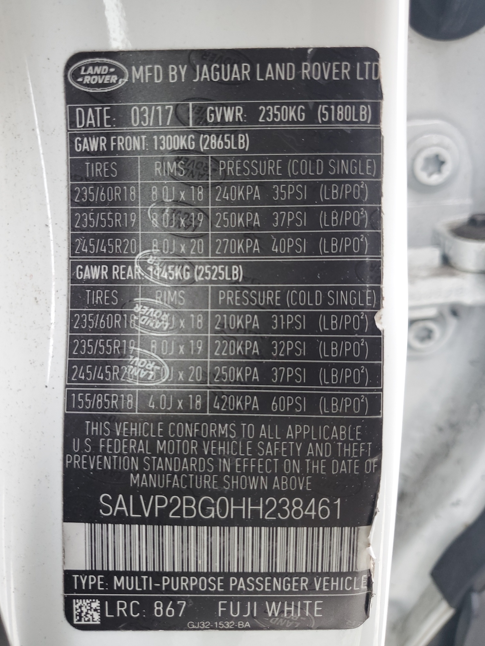 SALVP2BG0HH238461 2017 Land Rover Range Rover Evoque Se