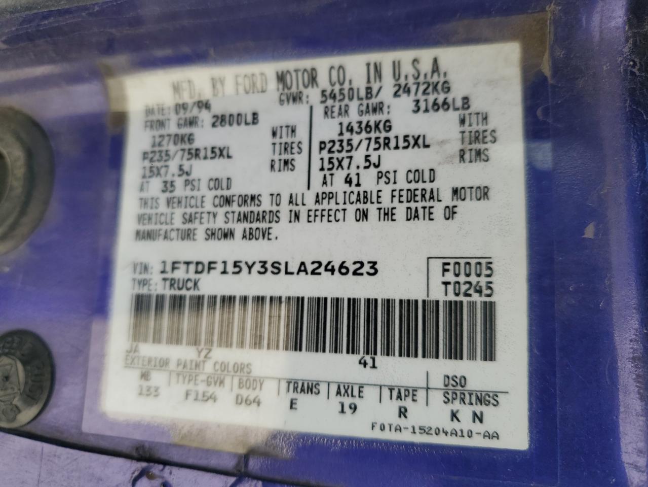 1995 Ford F150 VIN: 1FTDF15Y3SLA24623 Lot: 52833534