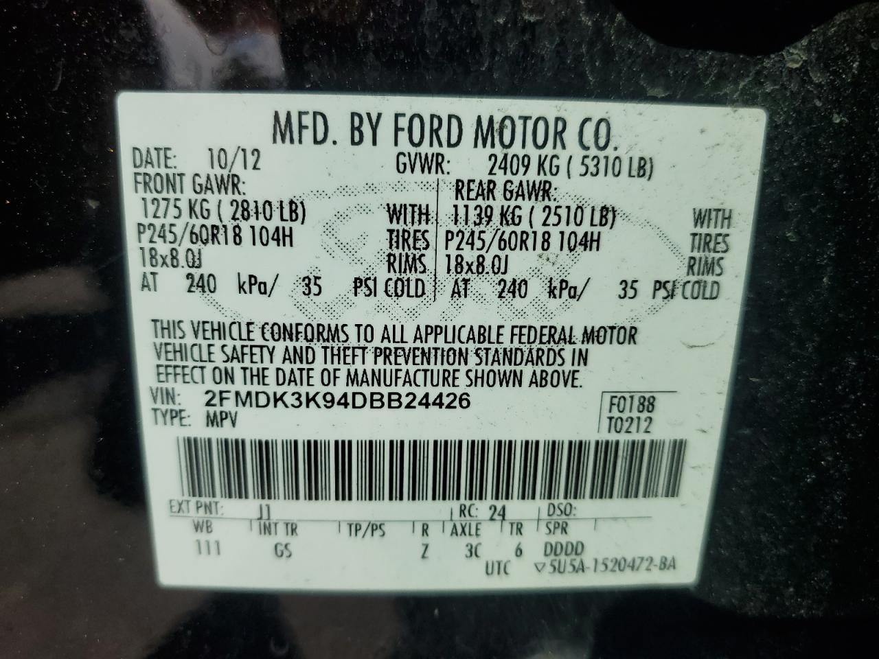 2013 Ford Edge Limited VIN: 2FMDK3K94DBB24426 Lot: 53119164