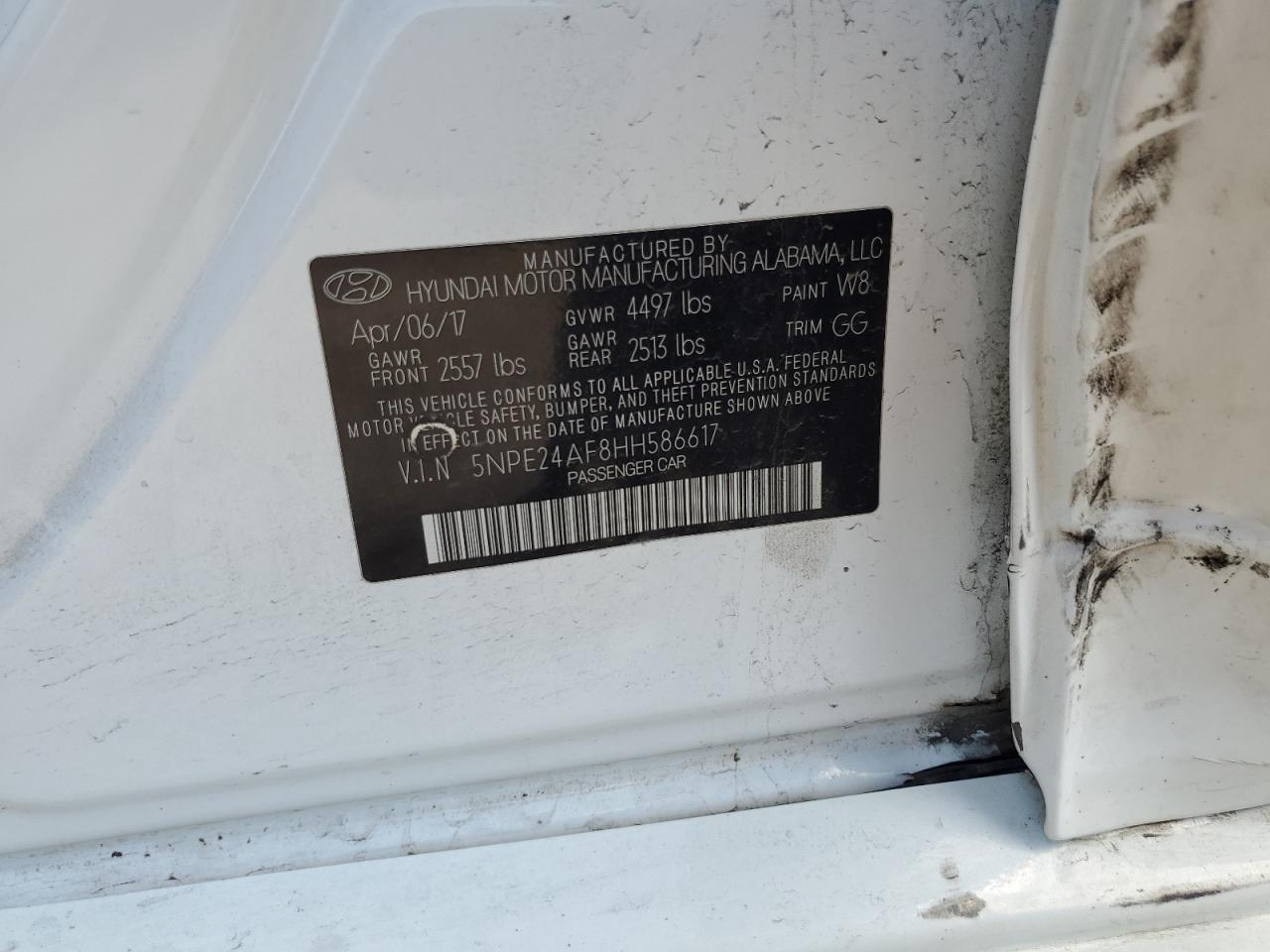 2017 Hyundai Sonata Se VIN: 5NPE24AF8HH586617 Lot: 54582774