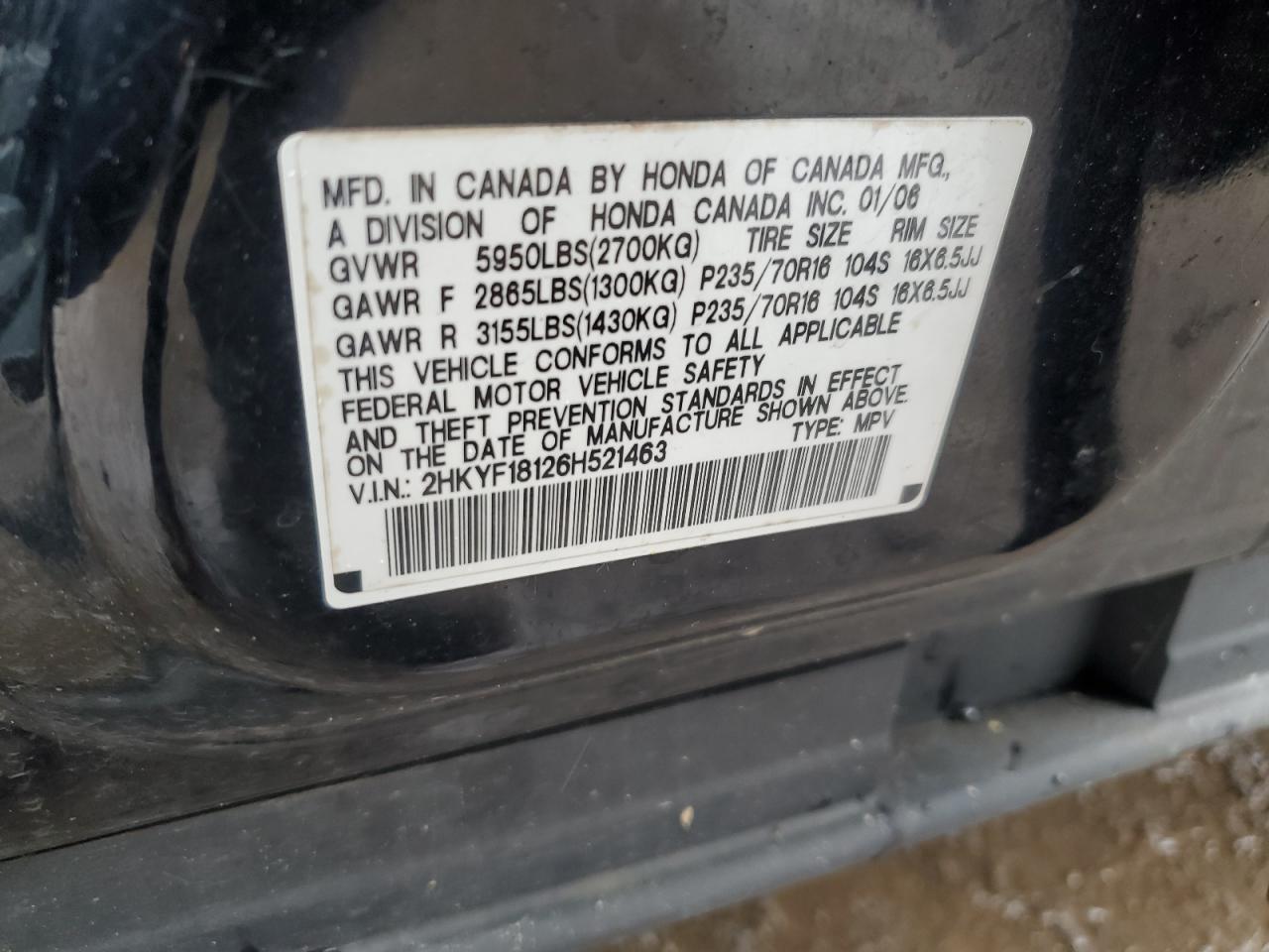 2006 Honda Pilot Lx VIN: 2HKYF18126H521463 Lot: 54686714