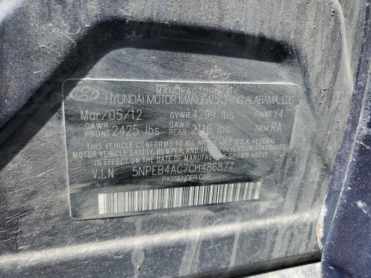 2012 Hyundai Sonata Gls VIN: 5NPEB4AC7CH486877 Lot: 56006604