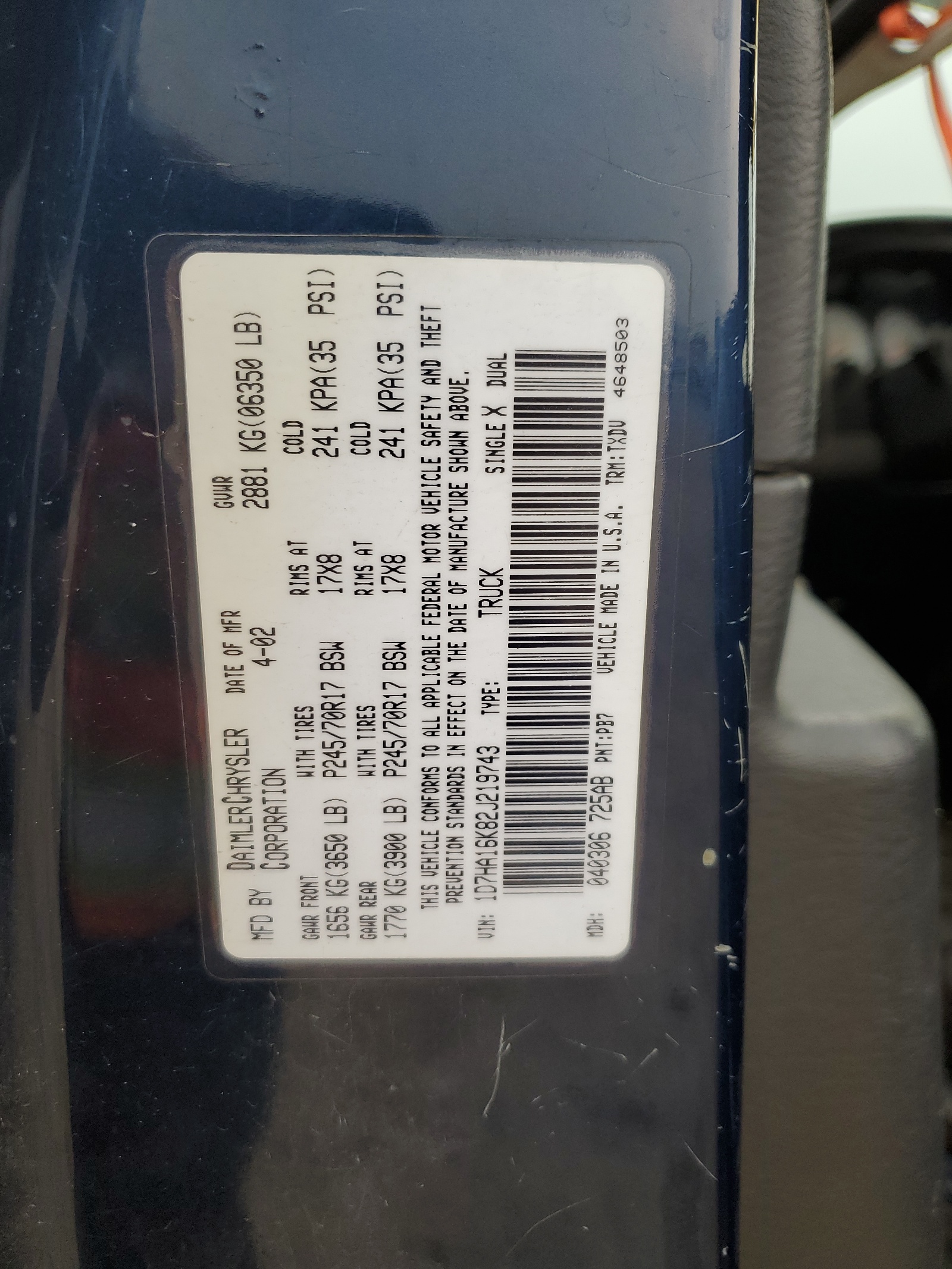 1D7HA16K82J219743 2002 Dodge Ram 1500