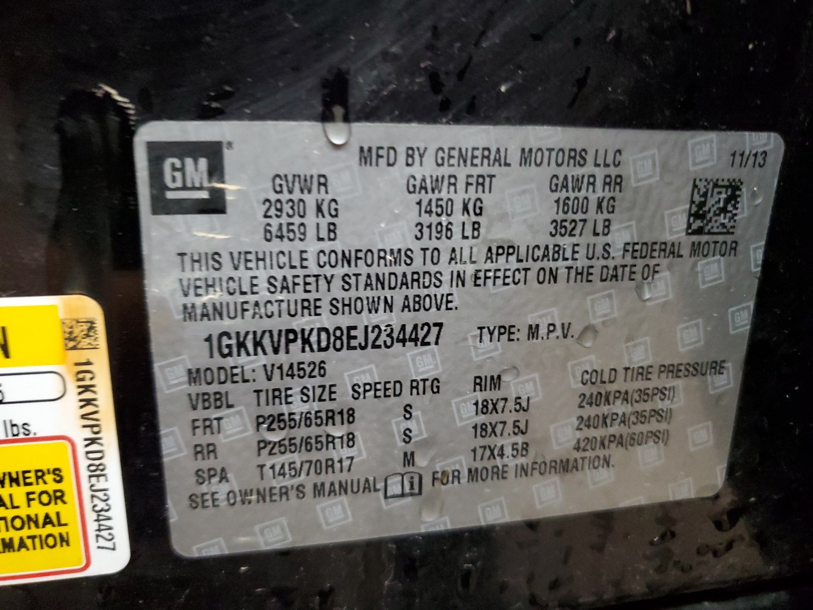 1GKKVPKD8EJ234427 2014 GMC Acadia Sle