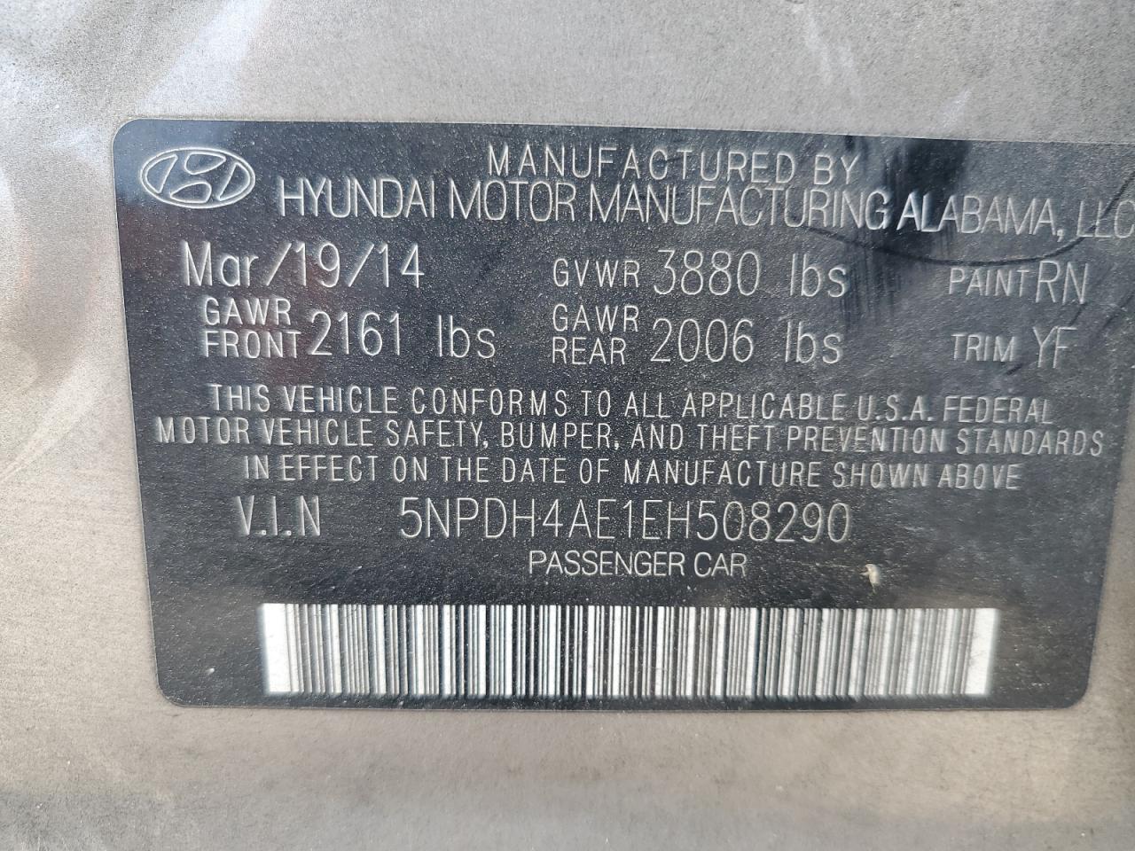 2014 Hyundai Elantra Se VIN: 5NPDH4AE1EH508290 Lot: 54819294