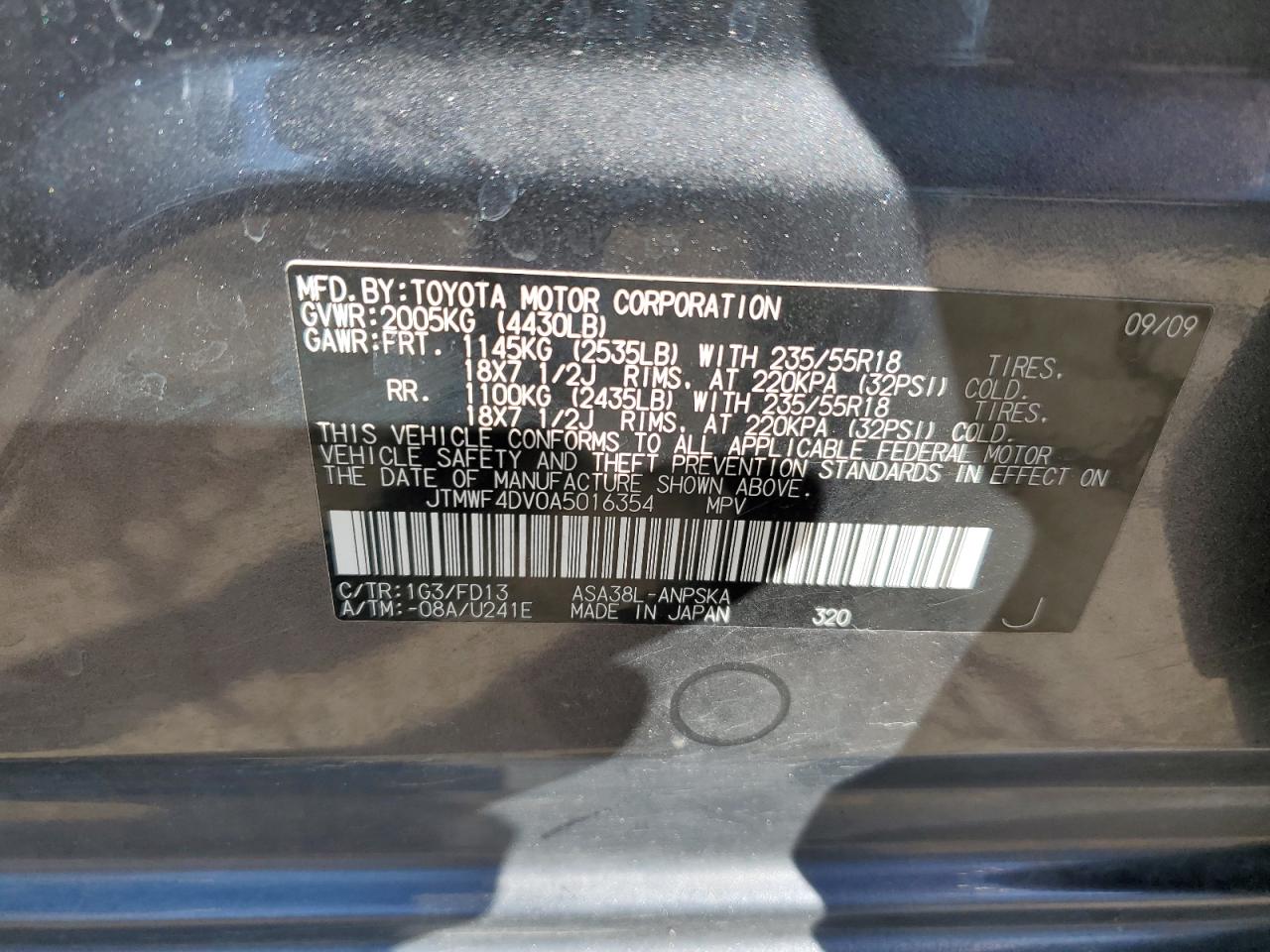 2010 Toyota Rav4 Sport VIN: JTMWF4DV0A5016354 Lot: 53668194