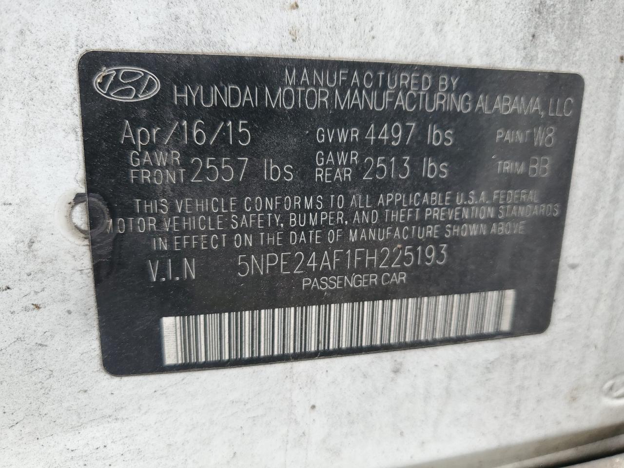 5NPE24AF1FH225193 2015 Hyundai Sonata Se