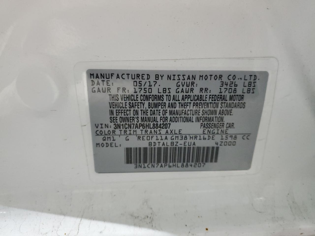 3N1CN7AP6HL884207 2017 Nissan Versa S