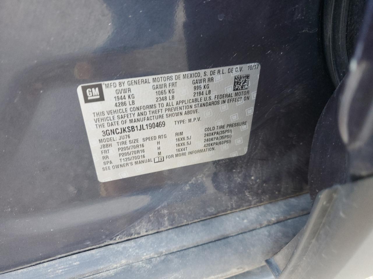 2018 Chevrolet Trax Ls VIN: 3GNCJKSB1JL190469 Lot: 53795774