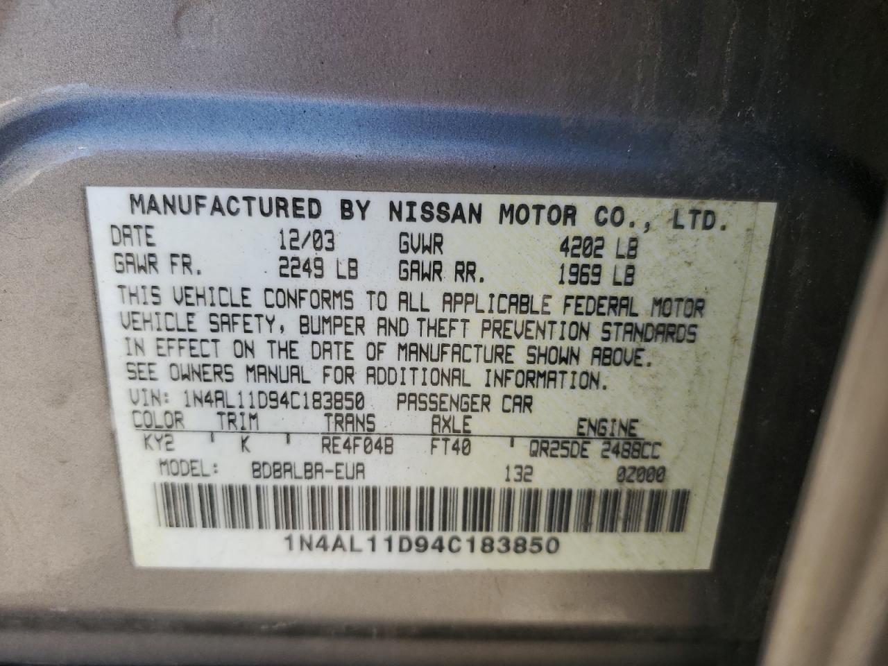 2004 Nissan Altima Base VIN: 1N4AL11D94C183850 Lot: 53428094