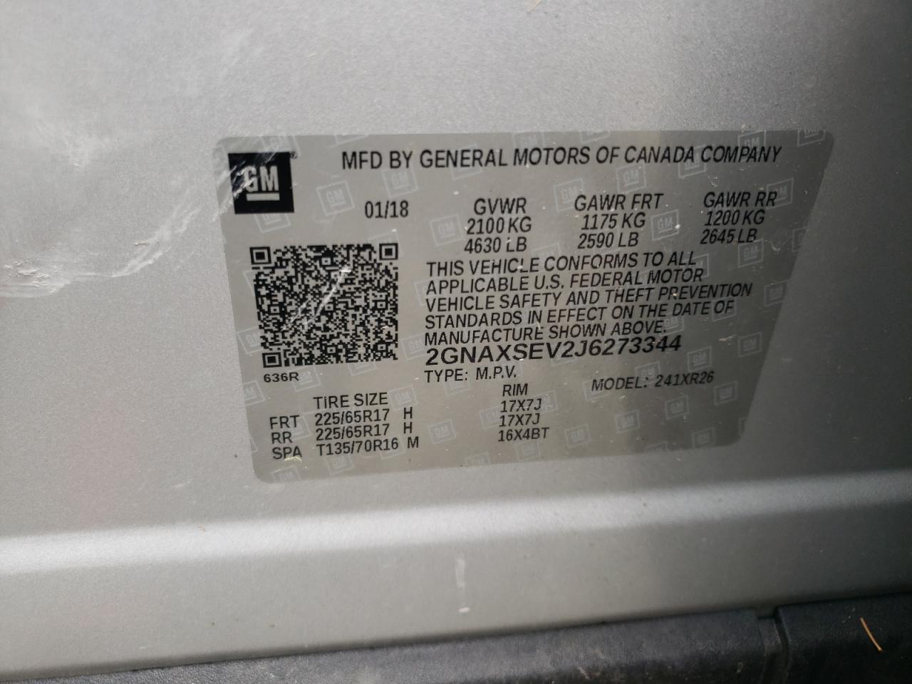 2GNAXSEV2J6273344 2018 Chevrolet Equinox Lt