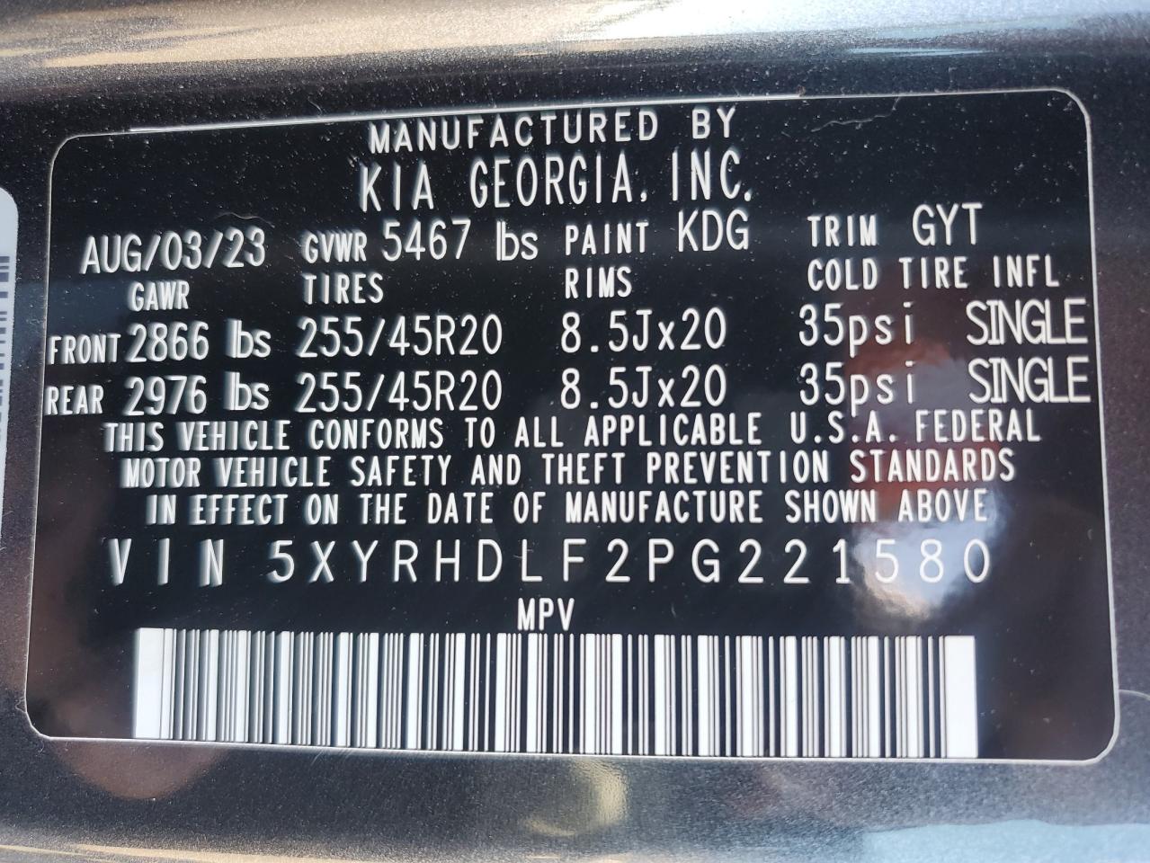 2023 Kia Sorento Ex VIN: 5XYRHDLF2PG221580 Lot: 56831364