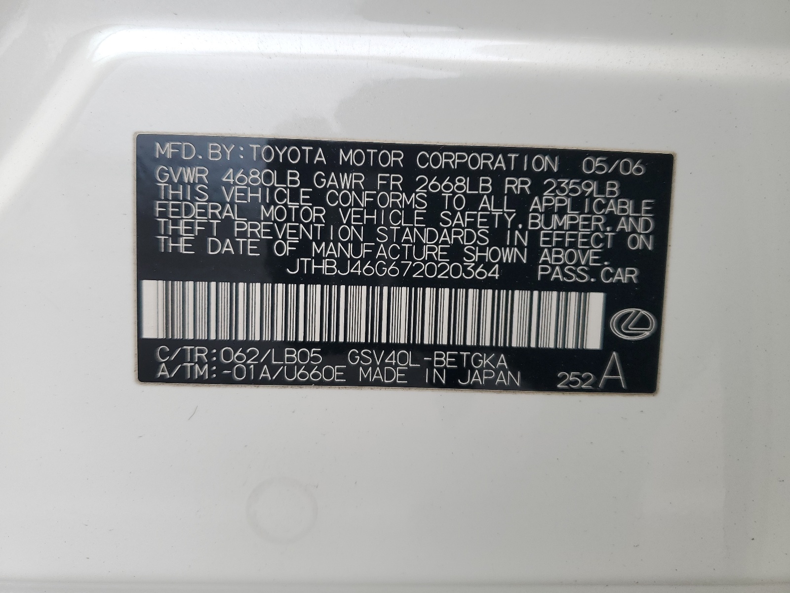 JTHBJ46G672020364 2007 Lexus Es 350