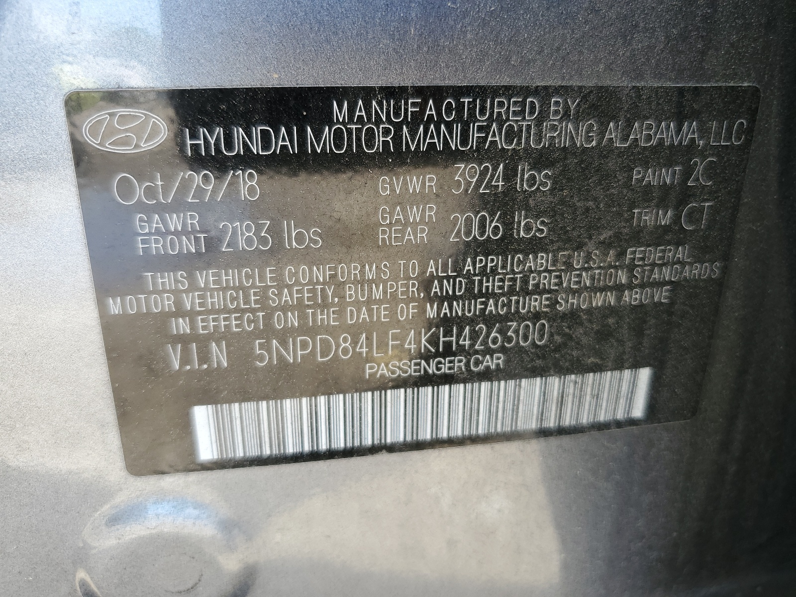 5NPD84LF4KH426300 2019 Hyundai Elantra Sel