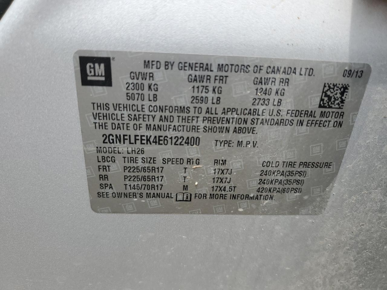 2GNFLFEK4E6122400 2014 Chevrolet Equinox Lt