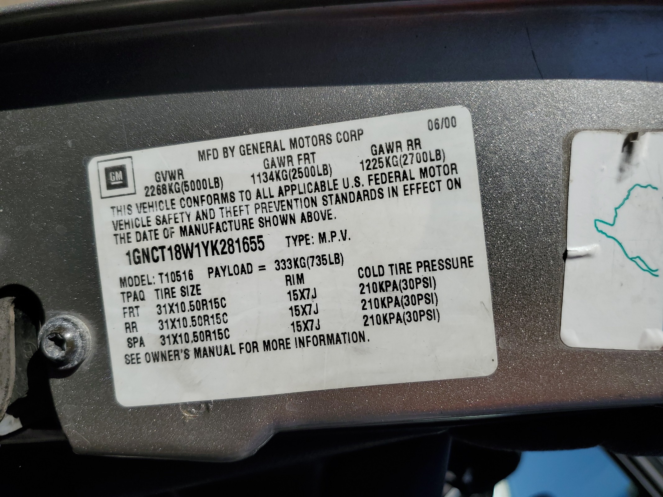 1GNCT18W1YK281655 2000 Chevrolet Blazer