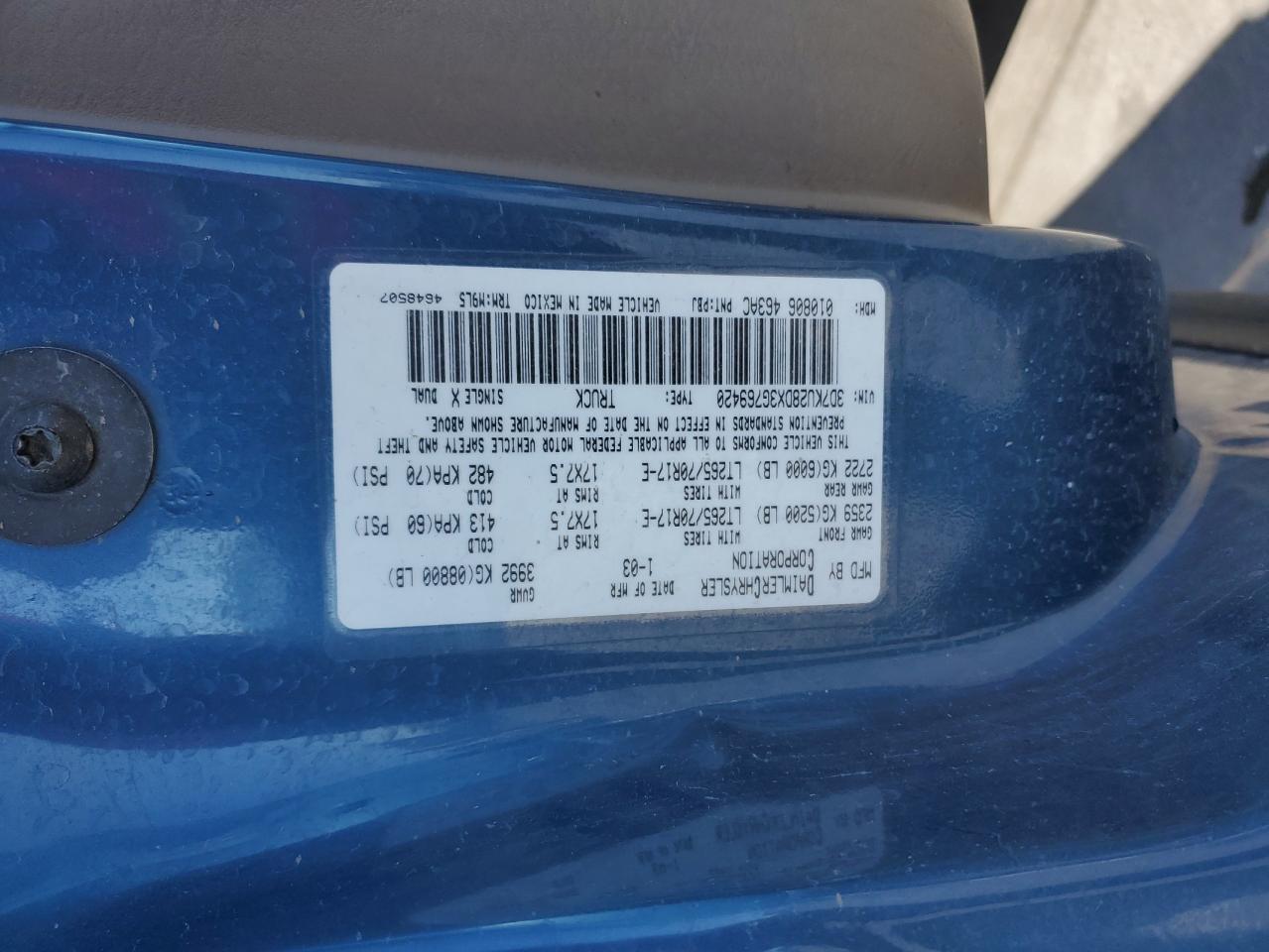 3D7KU28DX3G769420 2003 Dodge Ram 2500 St 3D7KU28DX3G769420 2003 Dodge Ram 2500 St