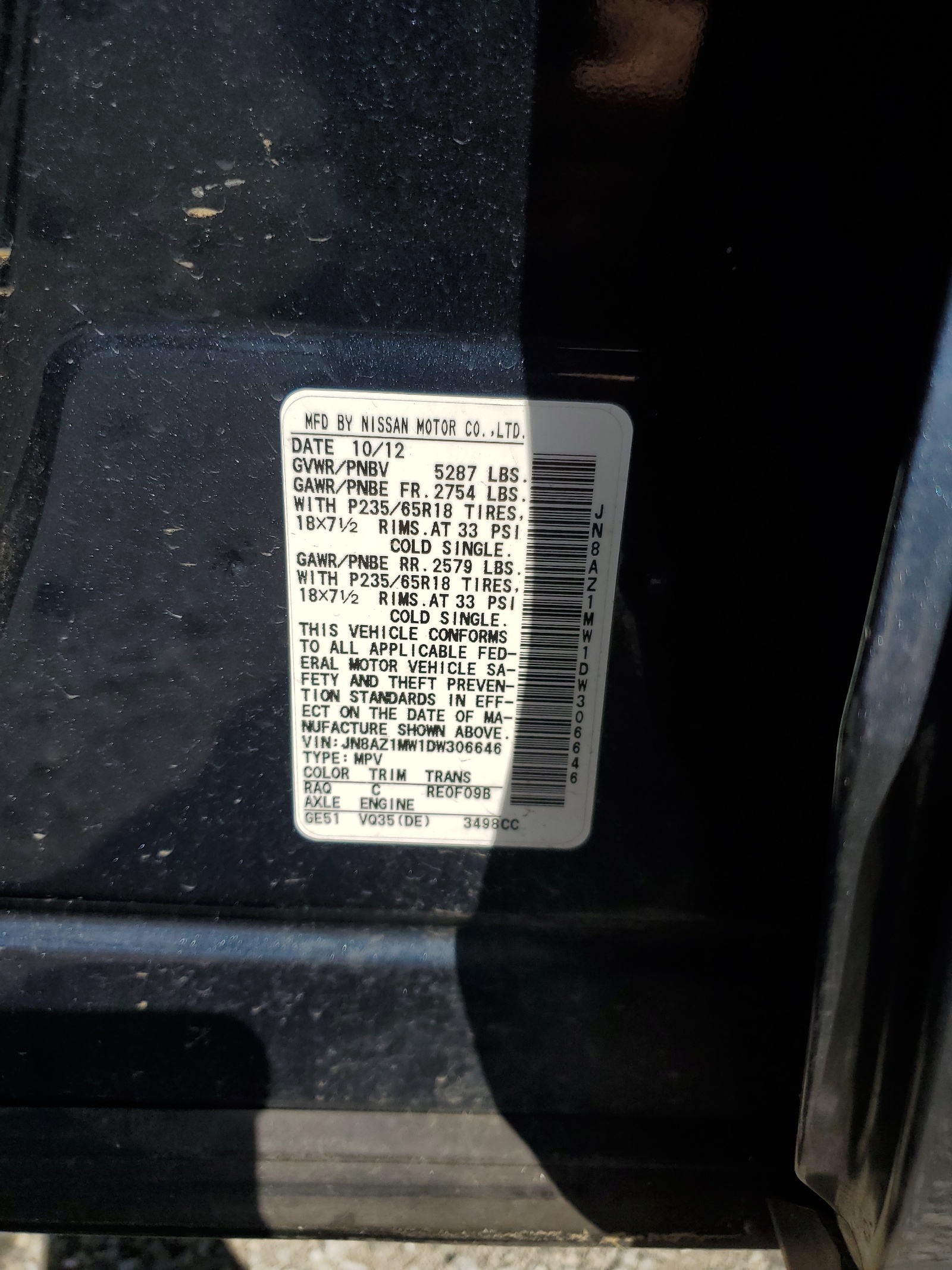 JN8AZ1MW1DW306646 2013 Nissan Murano S