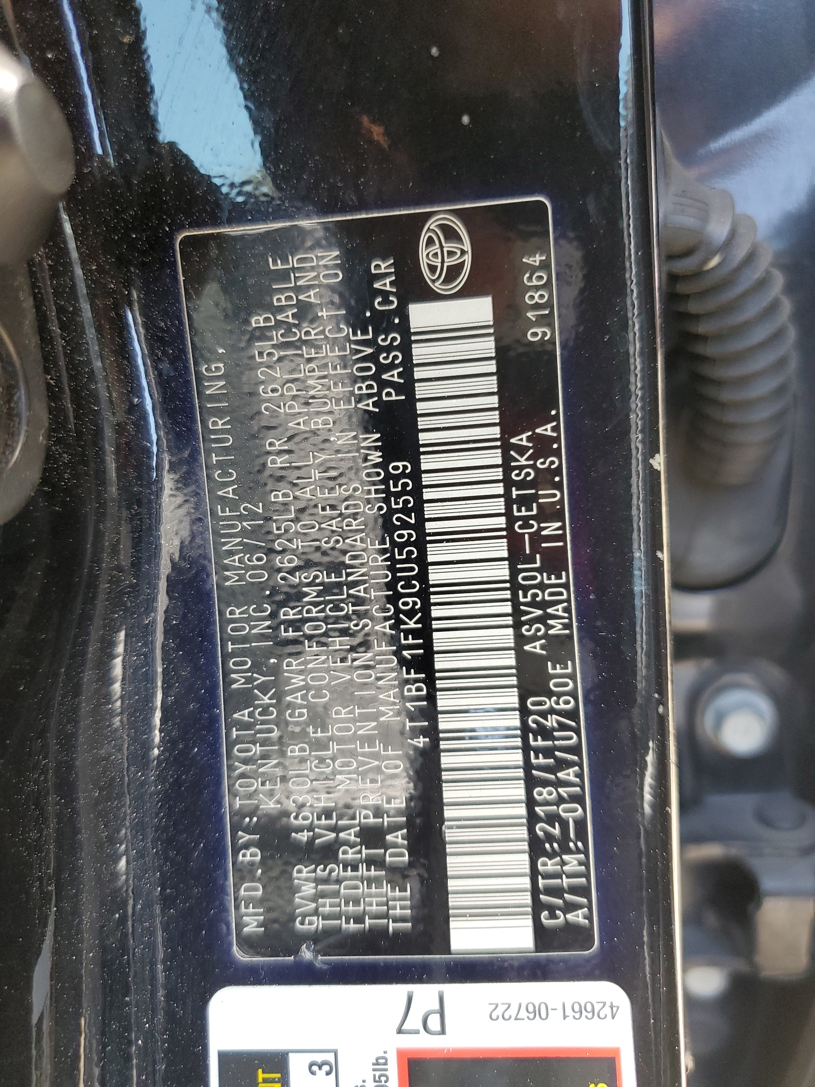 4T1BF1FK9CU592559 2012 Toyota Camry Base