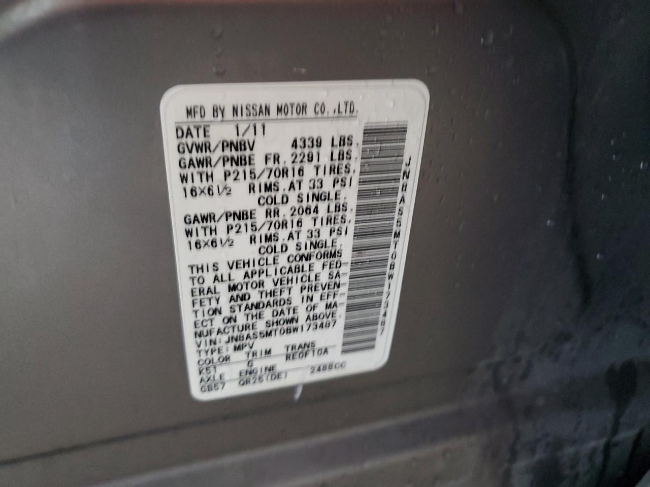 2011 Nissan Rogue S VIN: JN8AS5MT0BW173487 Lot: 52538834