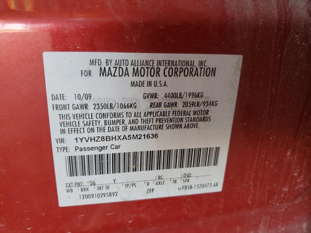 2010 Mazda 6 I VIN: 1YVHZ8BHXA5M21636 Lot: 55042994