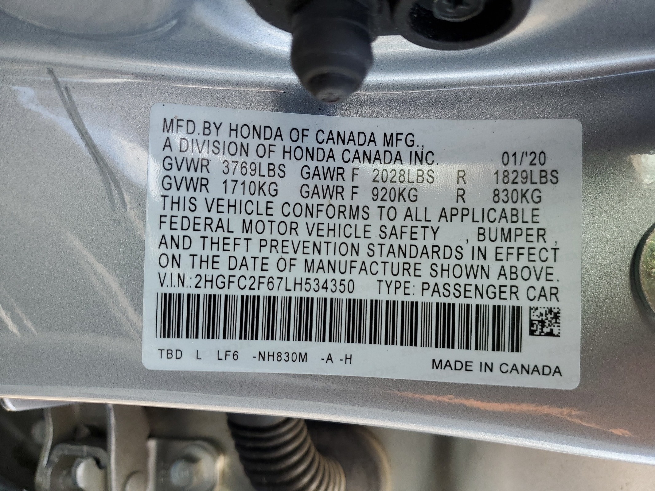 2HGFC2F67LH534350 2020 Honda Civic Lx