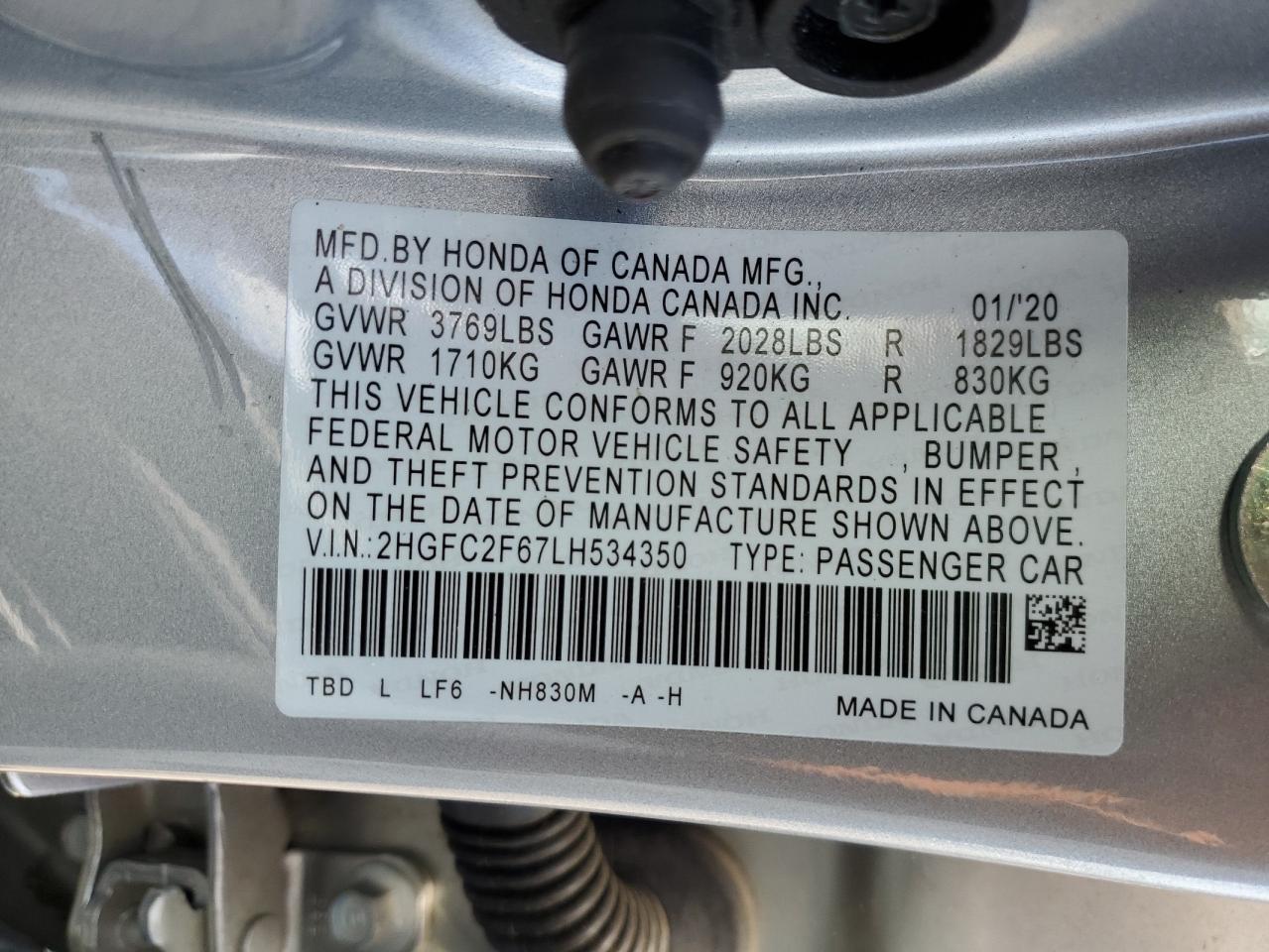 2020 Honda Civic Lx VIN: 2HGFC2F67LH534350 Lot: 55716174