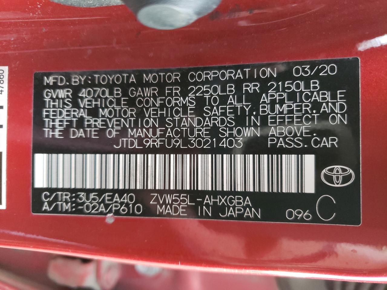 2020 Toyota Prius Le VIN: JTDL9RFU9L3021403 Lot: 54839204