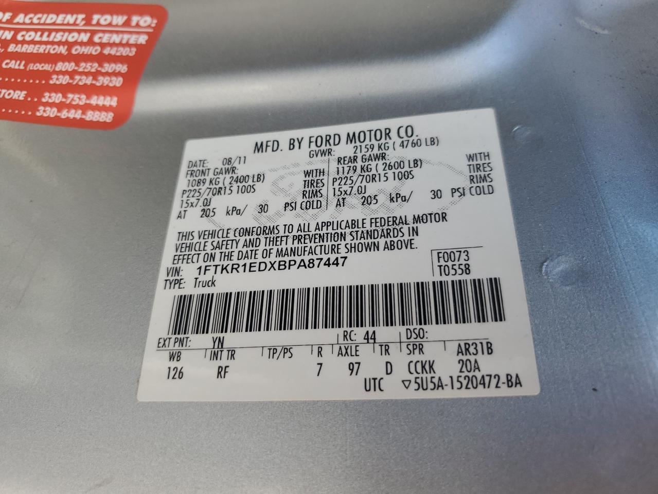 2011 Ford Ranger Super Cab VIN: 1FTKR1EDXBPA87447 Lot: 56815724