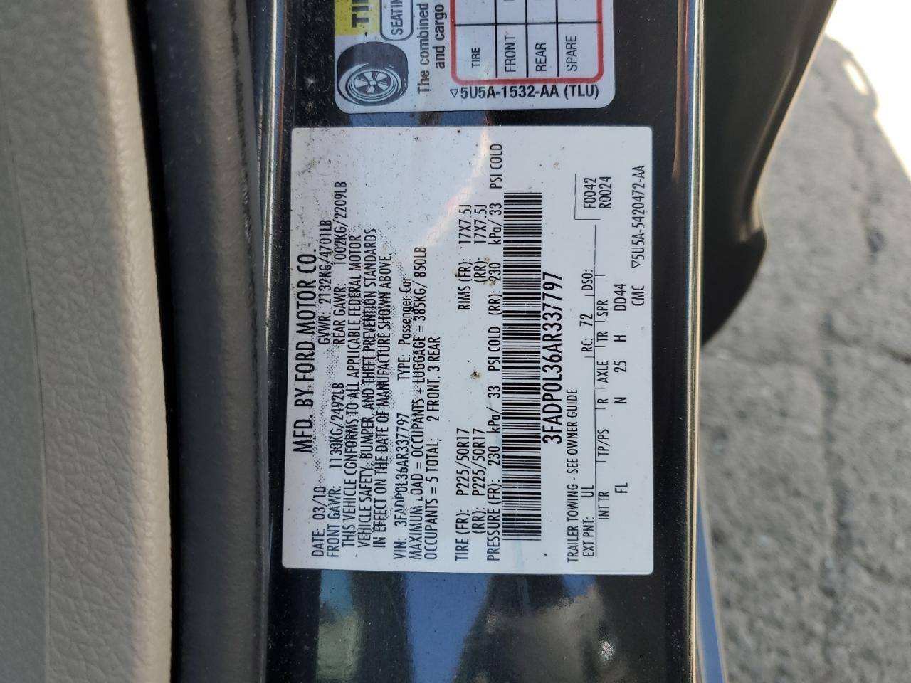 2010 Ford Fusion Hybrid VIN: 3FADP0L36AR337797 Lot: 53902214