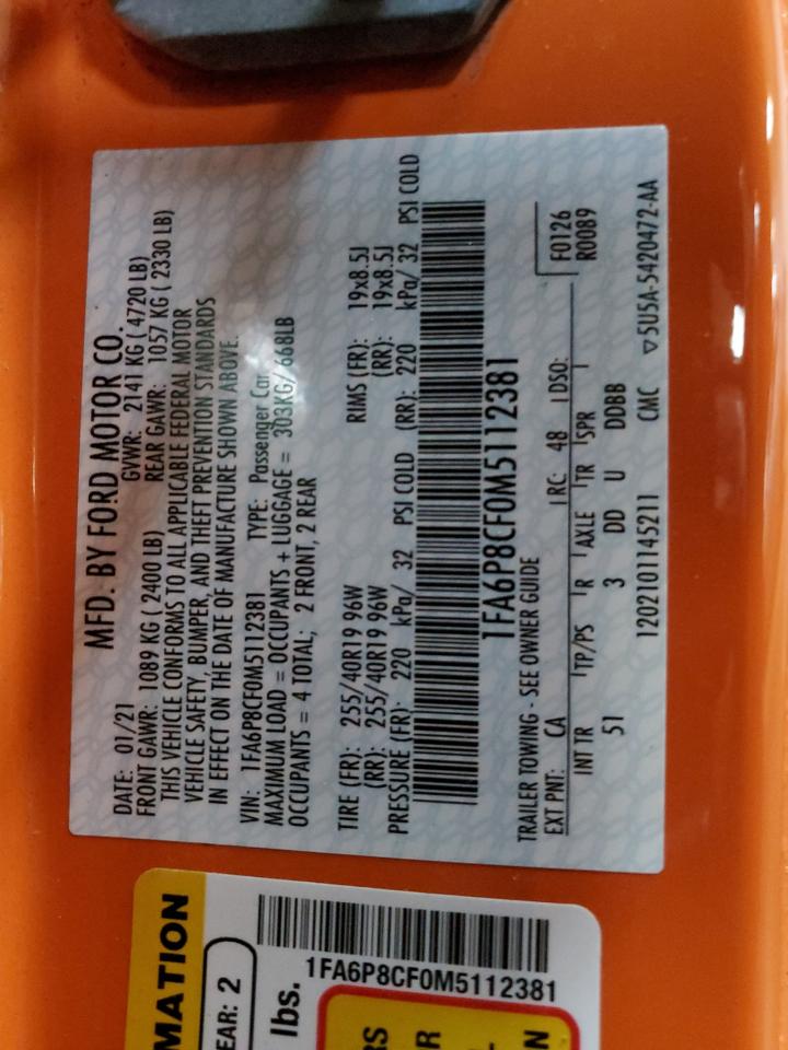 2021 Ford Mustang Gt VIN: 1FA6P8CF0M5112381 Lot: 54014664
