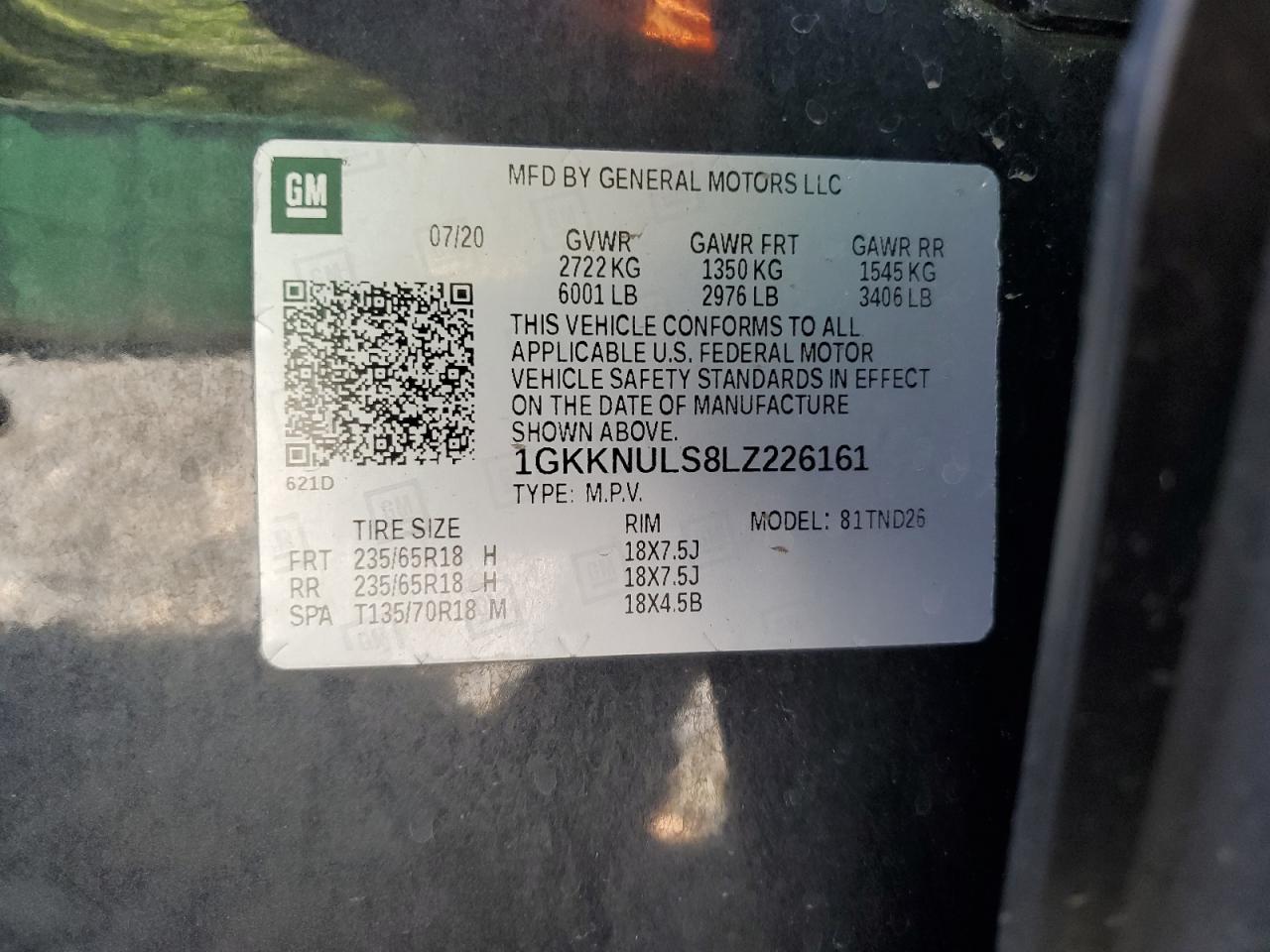 2020 GMC Acadia Slt VIN: 1GKKNULS8LZ226161 Lot: 54820514