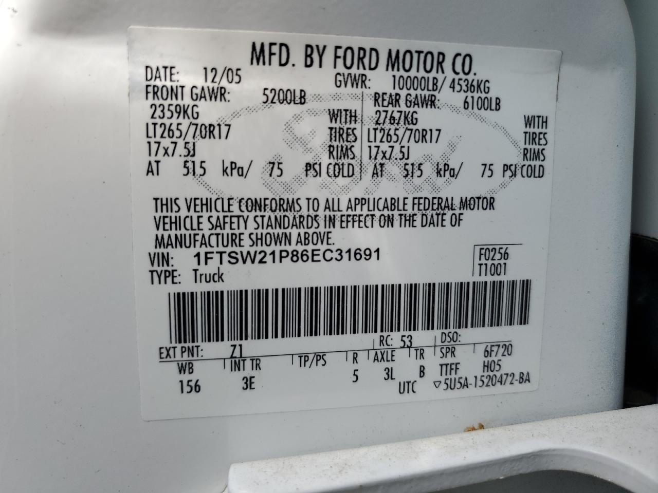 1FTSW21P86EC31691 2006 Ford F250 Super Duty