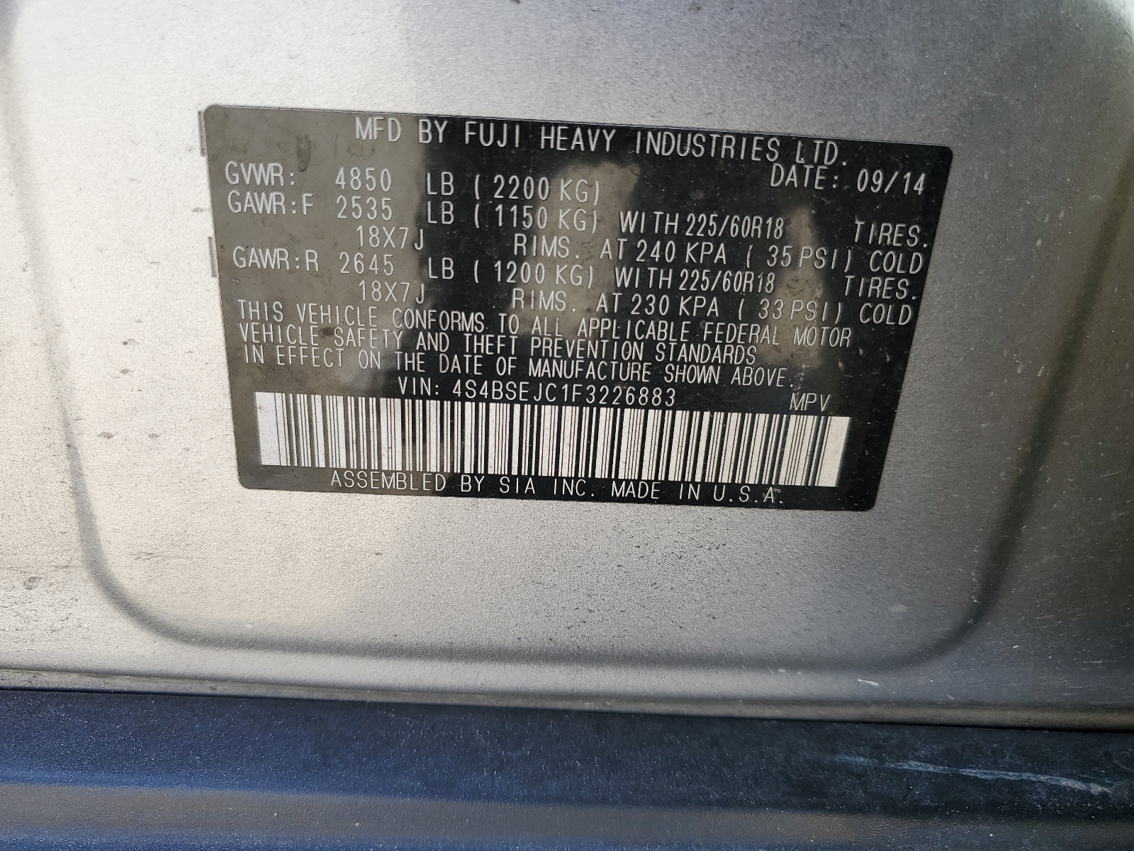 4S4BSEJC1F3226883 2015 Subaru Outback 3.6R Limited