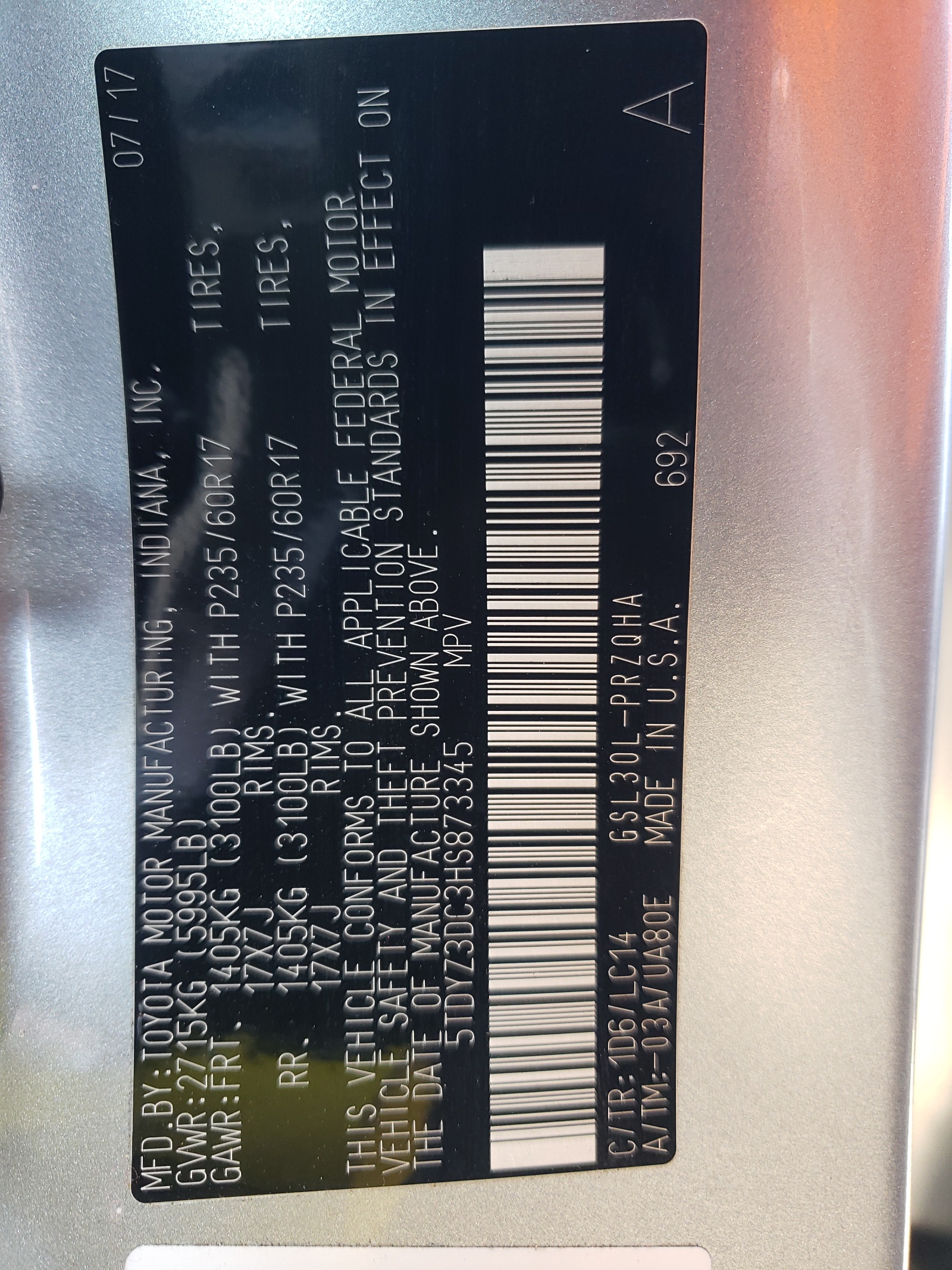 5TDYZ3DC3HS873345 2017 Toyota Sienna Xle